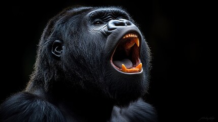 Powerful silverback mid-roar, muscular jaw and chest in focus, black background enhances drama, close-up side view with sharp lighting. 