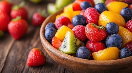Obraz premium Delicious and Colorful Fruit Salad in Wooden Bowl