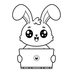 Cute bunny feels happy with laptop, for coloring
