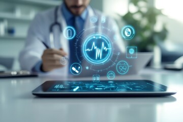 Digital health innovations medical office infographic professional environment close-up view technology in healthcare