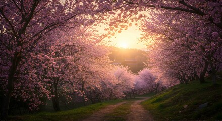 Walking Path Lined with Cherry Blossoms at Sunset in Spring Season