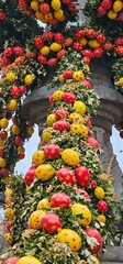 Detail of colorful  hand-painted Easter eggs decorating a fountain in a historic town