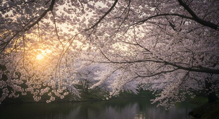 Cherry Blossom Trees Over Water with Golden Sunlight Shining Through