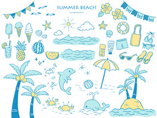 ラフな手描きタッチの夏のビーチセット(イエロー×水色)