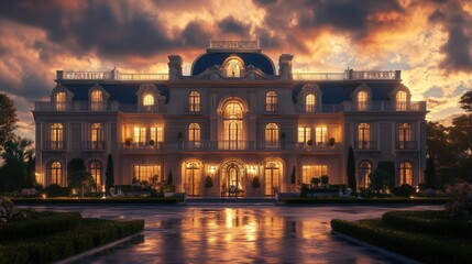 Obraz premium luxury mansion at sunset, with warm colors reflecting off its large windows and ornate facade.
