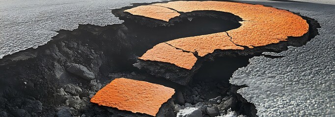 Aerial View of a Cracked Asphalt Road Featuring a Question Mark in Burnt Orange Against a Black Gray Background Representing Uncertainty