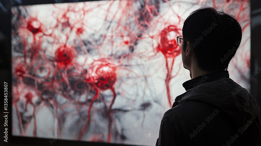 Poster intrigued spectator gazing at abstract neural network artwork display
