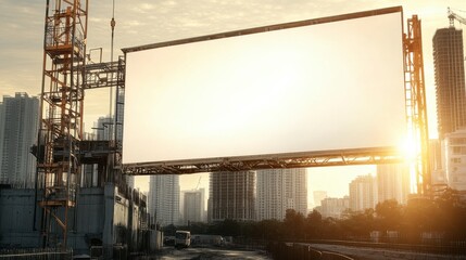 Construction billboard installation at urban development site during sunrise cityscape photography industrial environment wide angle view advertising concept