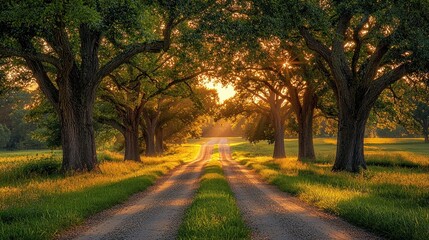 Fototapeta premium Sunlit country road through majestic oak trees.