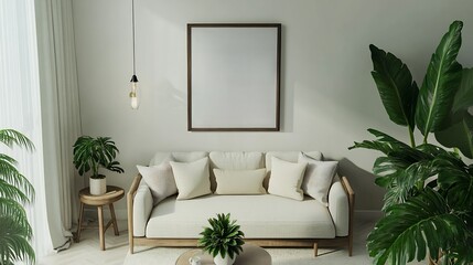 Aerial shot of contemporary home decor with a framed ISO A poster above a comfortable sofa styled with elegant accents and greenery