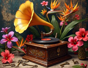 Vintage gramophone surrounded by tropical blooms