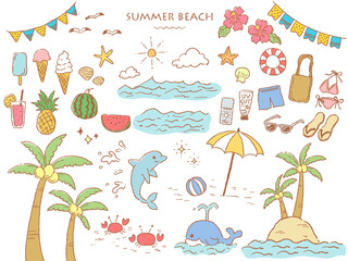 ラフな手描きタッチの夏のビーチセット(カラー)