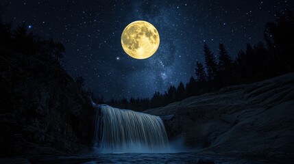 A golden moon reflected in a flowing waterfall, stars twinkling gently above soft forest hills