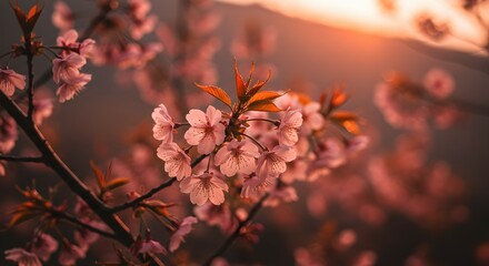 Blooming Cherry Blossom Branch Captured at Sunset with Soft Light