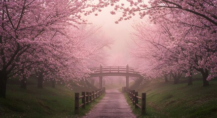 Exploring Serene Cherry Blossom Pathway in a Misty Spring Landscape