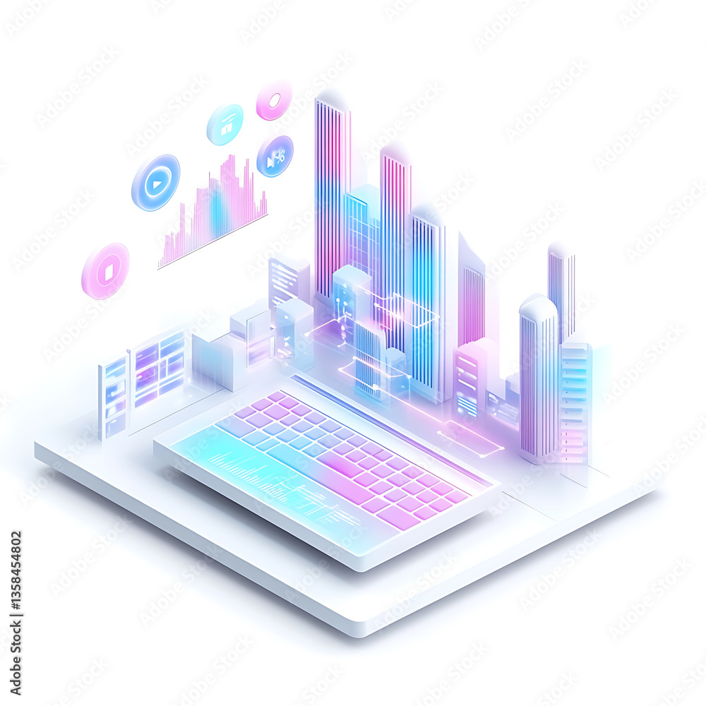 Poster digital business analysis virtual office infographic modern workspace aerial view data visualization