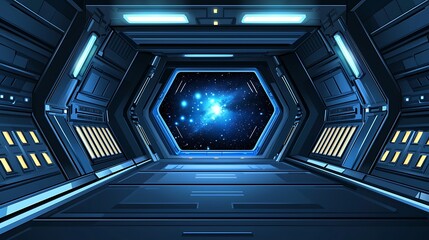 Obraz premium Futuristic spaceship corridor with a view of the cosmos. A sleek, dark blue corridor displays advanced technology. A large hexagonal window reveals a vibrant nebula and distant stars