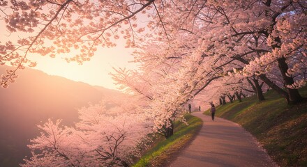 Walking Under Cherry Blossom Trees Along a Scenic Path in Spring