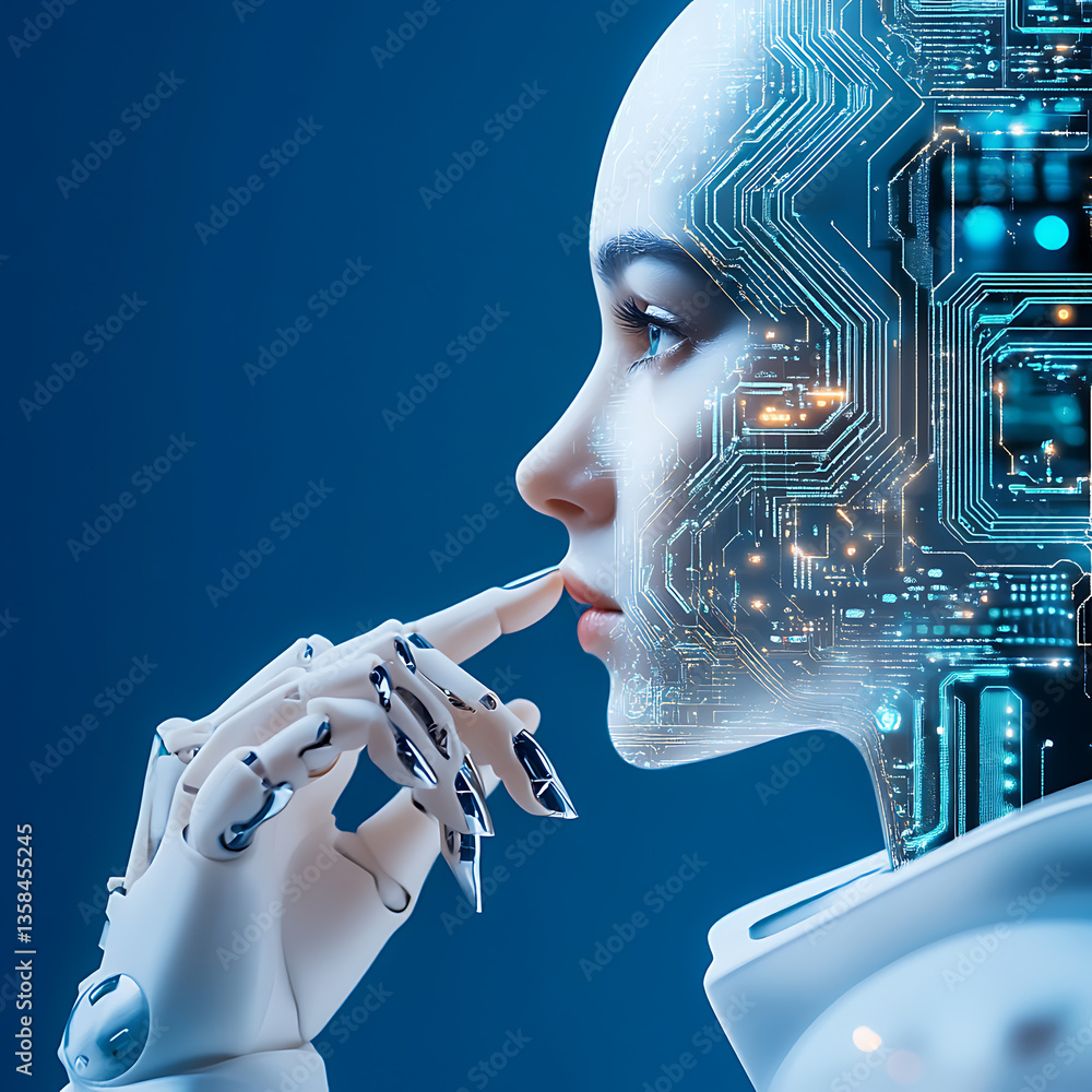 Poster exploring cybernetic futures humanoid robot with digital interface in a futuristic lab environment
