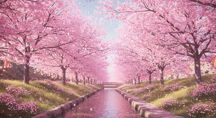 Stunning Cherry Blossom Pathway with Tranquil River Under Clear Blue Sky