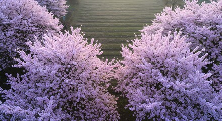 Vibrant Cherry Blossom Trees Framing a Serene Green Field in Spring