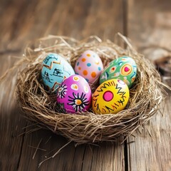 Obraz premium Colorful Easter eggs arranged in a natural nest