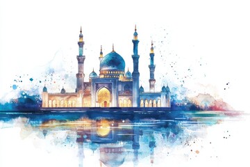 watercolor painting of a mosque at midnight, the water below reflecting its beauty. The stars sparkle softly in the background, on isolated white background