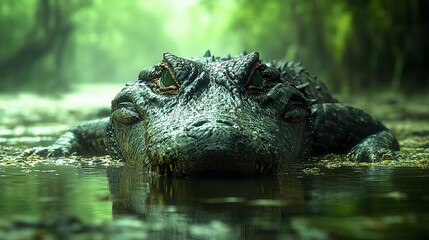 Fototapeta premium Submerged alligator lying still on the riverbed, its textured skin blending seamlessly with the mud and rocks. Dim, greenish light adds to the eerie atmosphere. 