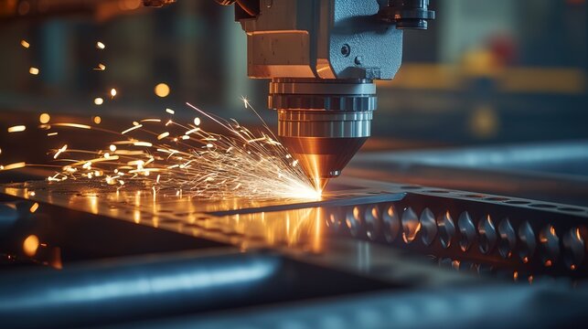 precision laser cutting steel pipes in a factory, with sparks flying and machinery operating with robotic accuracy