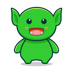 A cheerful chibi style green goblin with big eyes, pointy ears, an open mouthed smile, and small fangs. Designed with bold outlines and bright colors, perfect for mascots, stickers or kid's designs.