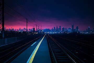 Fototapeta premium Railway tracks lead towards a brightly lit city skyline at dusk