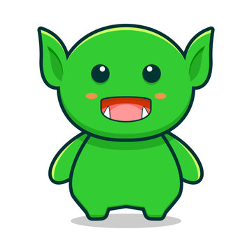 recommend clip art: A cheerful chibi style green goblin with big eyes, pointy ears, an open mouthed smile, and small fangs. Designed with bold outlines and bright colors, perfect for mascots, stickers or kid's designs.