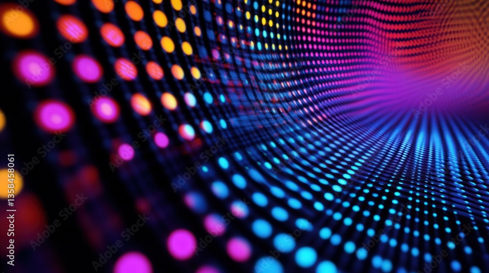 Poster colored dots, shifting smoothly in a continuous loop, with each dot radiating vibrant hues against a