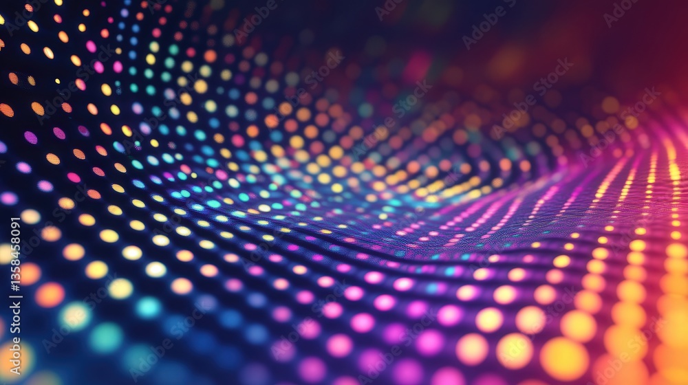Poster colored dots, shifting smoothly in a continuous loop, with each dot radiating vibrant hues against a