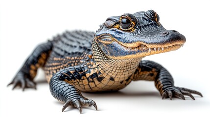 Obraz premium The muscular body and armored back of an American alligator, isolated against white. Soft shadows add depth to its lifelike texture. Studio lighting, detailed realism. 