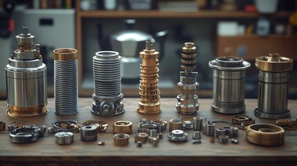 Detailed view of various mechanical parts, possibly coffee machine components, meticulously arranged on a wooden surface