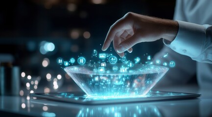 Innovative digital interaction futuristic workspace 3d holographic interface technology environment close-up view user engagement