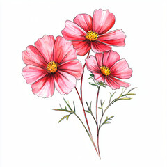 Watercolor hand painted pink cosmea flowers with green leaves and beautiful bouquet. White background