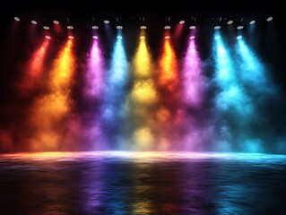 Stage lights illuminate a misty scene with colorful beams of light