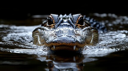 Fototapeta premium The sleek body of a large alligator cuts through the water, its strong tail propelling it gracefully. Gentle ripples highlight the predator's smooth, fluid movement. 