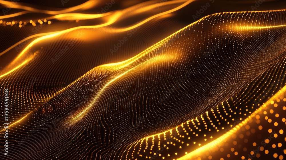 Poster abstract golden wavy background with glowing dots and shimmering textures creating a modern digital 