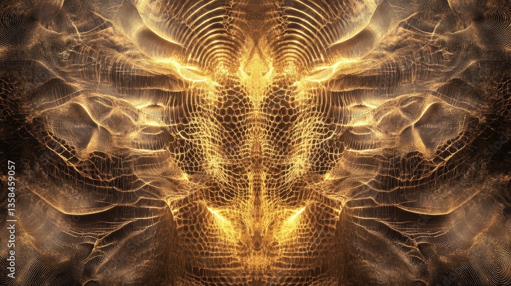 Poster abstract golden pattern with intricate textures and swirling shapes, resembling a mystical face or m