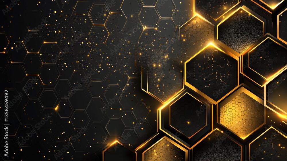 Poster elegant black and gold abstract honeycomb pattern with glowing elements and sparkling details for mo