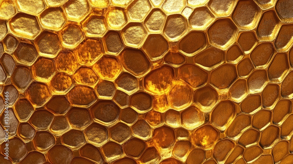 Poster close-up view of glimmering honeycomb texture in warm golden hue with natural patterns and intricate