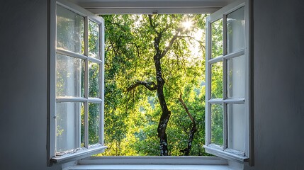 An open window revealing a vibrant view of a tree and nature