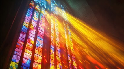 Christian church, with sunlight pouring through the glass, creating a peaceful and reverent atmosphere inside.