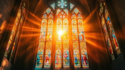 Obraz premium stunning stained glass window in a Christian church, with sunlight illuminating the vibrant colors and religious imagery.