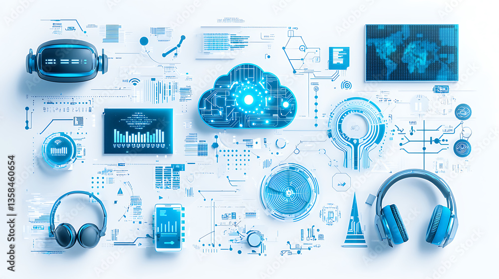 Poster innovative technology trends in digital media virtual environment infographic futuristic data-driven