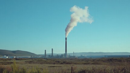 tall factory chimney emitting a plume of smoke against a clear blue sky, with the industrial setting in the background.