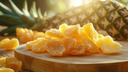 tempting product display with dried pineapple pieces on a wooden board, the natural sweetness of the fruit shining through under a warm, inviting light.